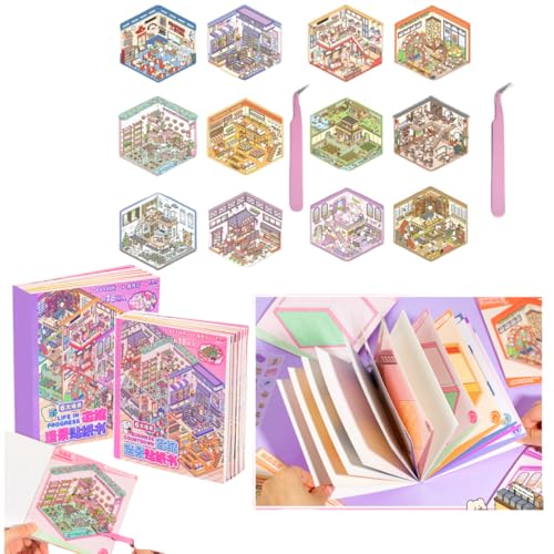 Luzhans 12 Sets 3D Sticker Scene,Haus Aufkleber Machen Sie Ihren Eigenen,Relief Stress für Erwachsene und Kinder DIY 3D House Stickers,3D Hausaufkleber,Sticker Therapy mit Pinzette von Luzhans