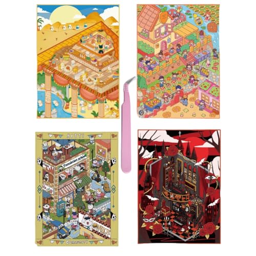 Luzhans 4 Sets DIY 3D Haus Aufkleber Große -Version 3D-Szene Aufkleber für Erwachsene und Kinder Fun 3D Sticker Scene Miniatur Haus Sticker mit Pinzette Sticker Therapy Relief Stress von Luzhans