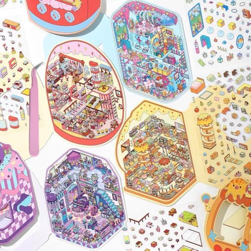 Luzhans 4 Sets Große Größe 3D House Stickers,DIY Home House Scene Sticker Book,Fun DIY Stickers Scene,Relief Stress für Erwachsene und Kinder Miniatur Haus Sticker 3D mit Pinzette von Luzhans