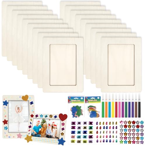 Luziyun 18 Stück Bilderrahmen Holz Set 20x15cm DIY Bastelset mit 3 Sorten Glitzersteinen,3D Schaumstoff Sternstickern Leerrahmen zum Bemalen für Kinder, Deko, Hochzeit, Bemale für Geburtstage von Luziyun
