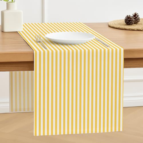 Luzzxfa Tischläufer Gelb 40 x 140 cm Streifen Modern Frühling Tischläufer Dekoration Tischdecke Tischdeko Outdoor Leinen Table Runner Abwaschbar für Hochzeit Esszimmer Party Urlaub Dekor von Luzzxfa