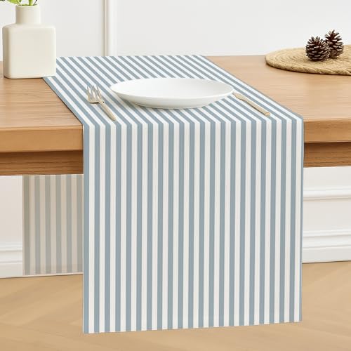 Luzzxfa Tischläufer Hellblau Streifen Modern Frühling Tischläufer Dekoration Tischdecke Tischdeko Outdoor Leinen Table Runner Abwaschbar für Hochzeit Esszimmer Party Urlaub Dekor 33 x 183 cm von Luzzxfa