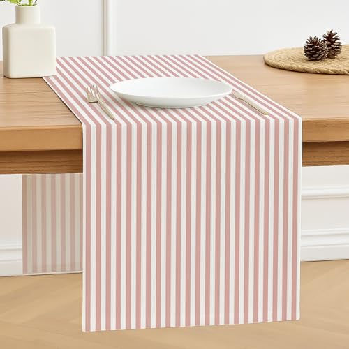 Luzzxfa Tischläufer Rosa Streifen Modern Frühling Tischläufer Dekoration Tischdecke Tischdeko Outdoor Leinen Table Runner Abwaschbar für Hochzeit Esszimmer Party Urlaub Dekor 33 x 183 cm von Luzzxfa