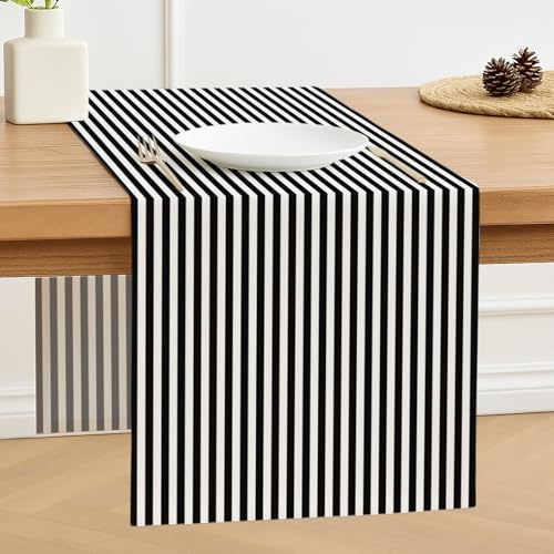 Luzzxfa Tischläufer Schwarz 40 x 140 cm Streifen Modern Frühling Tischläufer Dekoration Tischdecke Tischdeko Outdoor Leinen Table Runner Abwaschbar für Hochzeit Esszimmer Party Urlaub Dekor von Luzzxfa