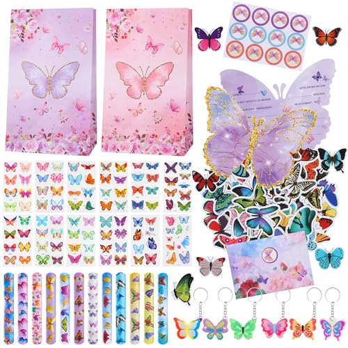 Lvefyti 134 Stück Schmetterling Party Mitgebsel für Mädchen, Kindergeburtstag Geschenkset mit Schlüsselanhänger, Armband, Aufkleber & Einladungskarten, Schmetterlings Deko für Mädchenparty von Lvefyti