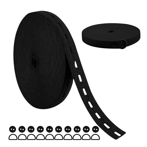 Lvjkes Gummiband breit, 8M Gummiband mit knopflöchern, gummizugband Breite 20mm mit 10 D-Ring-Schnalle und 10 Knöpfe, für hosenbundGeeignet zum Nähen von Kleidung, Hosen (Schwarz-8M) von Lvjkes