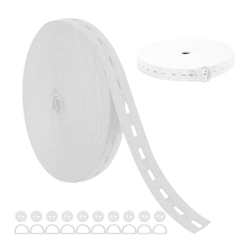 Lvjkes Gummiband breit, 8M Gummiband mit knopflöchern, gummizugband Breite 20mm mit 10 D-Ring-Schnalle und 10 Knöpfe, für hosenbundGeeignet zum Nähen von Kleidung, Hosen (Weiß-8M) von Lvjkes