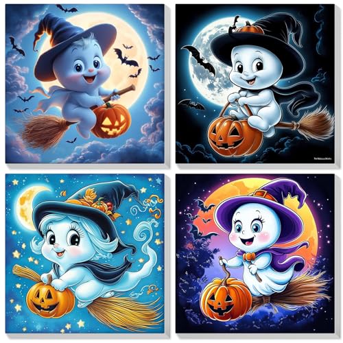 Lxmsja 4 Pack Geist Malen Nach Zahlen Erwachsene Kinder mit Rahmen, Malen Nach Zahlen Halloween, Diy Set Erwachsene mit Pinseln und Acrylfarben Handgemalt Ölgemälde Leinwand für Home Décor, 20x20cm von Lxmsja
