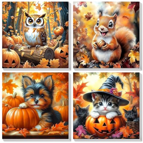Lxmsja 4 Pack Herbst Malen Nach Zahlen Erwachsene mit Rahmen, Malen Nach Zahlen Tiere, Diy Set Erwachsene mit Pinseln und Acrylfarben Handgemalt Ölgemälde Leinwand für Home Décor, 20x20cm von Lxmsja