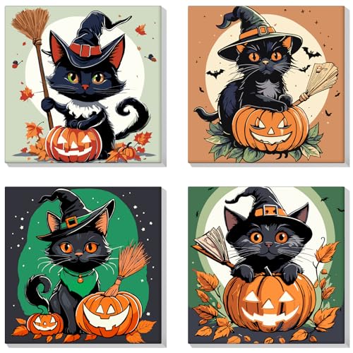 Lxmsja 4 Stück Halloween Malen Nach Zahlen Erwachsene Kinder mit Rahmen, Katze Malen Nach Zahlen ab 7 8 9 10 Jahre Mädchen, Diy Set Erwachsene Acrylfarben Ölgemälde Leinwand für Home Décor, 20x20cm von Lxmsja