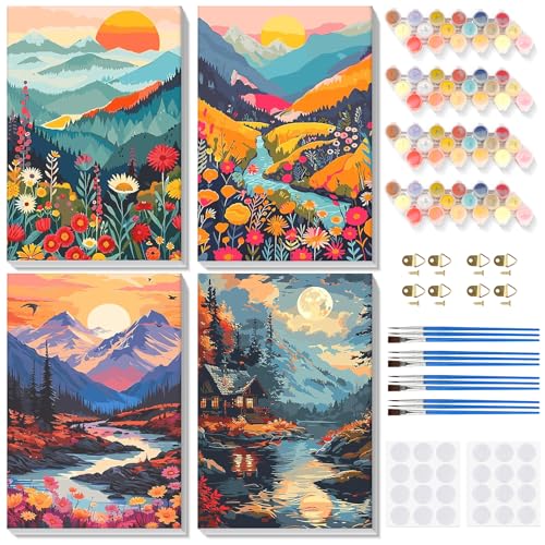 Lxmsja 4 Stück Landschaft Malen Nach Zahlen Erwachsene mit Rahmen, Malen Nach Zahlen Berg, Diy Set Erwachsene mit Pinseln und Acrylfarben Handgemalt Ölgemälde Leinwand für Home Décor, 20x30cm von Lxmsja