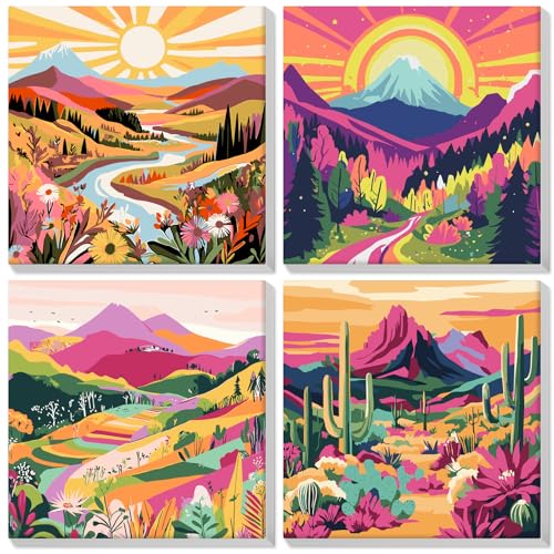 Lxmsja 4 Stück Malen Nach Zahlen Erwachsene mit Rahmen, Malen Nach Zahlen Landschaft, Diy Set Erwachsene mit Pinseln und Acrylfarben Handgemalt Ölgemälde Leinwand für Home Décor, 20x20cm von Lxmsja