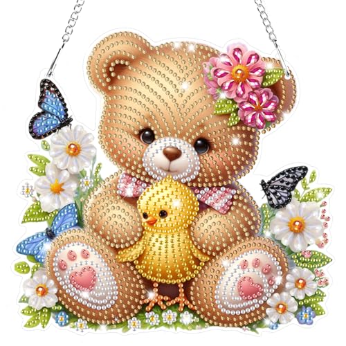 Lxmsja 5D Diamond Painting Anhänger Bär und Küken, Diamond Painting Fensterbilder Beidseitig für Erwachsene Kinder, Bastelset Kreativ Set, Hängend Ornament Kranz Tür Fenster Wand Eingang Decor von Lxmsja