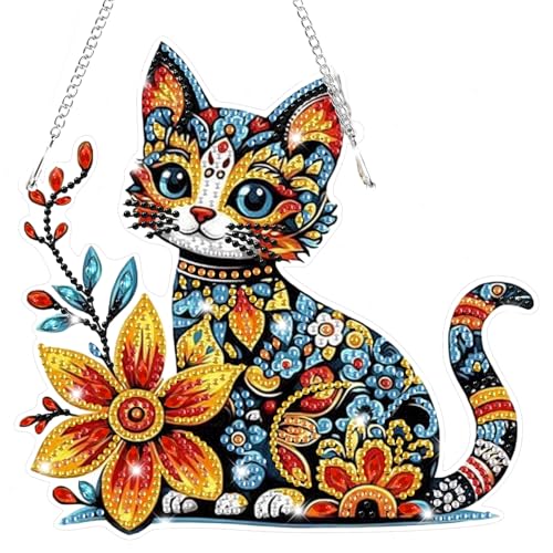 Lxmsja 5D Diamond Painting Anhänger Bunte Katze, Blumen Diamond Painting Fensterbilder Beidseitig für Erwachsene Kinder, Bastelset Kreativ Set, Hängend Ornament Kranz Tür Fenster Wand Eingang Decor von Lxmsja
