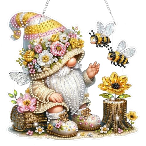 Lxmsja 5D Diamond Painting Anhänger Gnome, Biene Diamond Painting Fensterbilder Beidseitig für Erwachsene Kinder, Bastelset Kreativ Set, Hängend Ornament Kranz Tür Fenster Wand Eingang Decor von Lxmsja