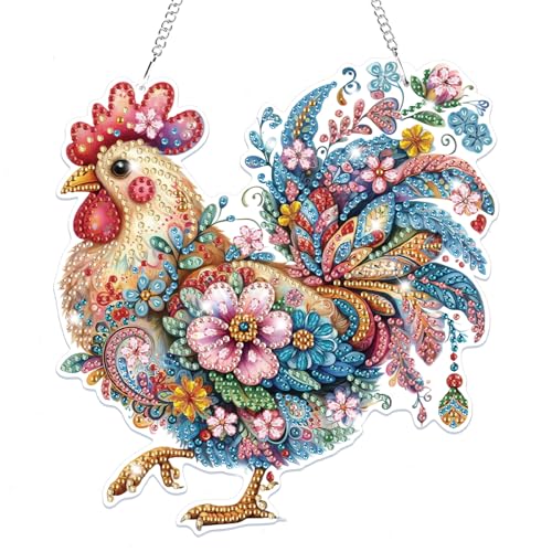 Lxmsja 5D Diamond Painting Anhänger Huhn, Tier Diamond Painting Kinder Erwachsene, Hängende Ornament Bastelset Kreativ Set für Erwachsene Geschenk Mädchen 7 8 9 10 11 Jahre, Kranz Tür Fenster Deko von Lxmsja