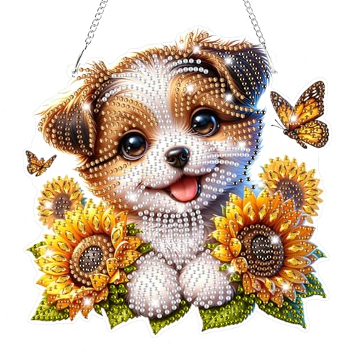Lxmsja 5D Diamond Painting Anhänger Hund, Sonnenblume Diamond Painting Fensterbilder Beidseitig für Erwachsene Kinder, Bastelset Kreativ Set, Hängend Ornament Kranz Tür Fenster Wand Eingang Decor von Lxmsja