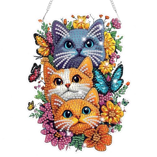 Lxmsja 5D Diamond Painting Anhänger Katze, Blumen Diamond Painting Fensterbilder Beidseitig für Erwachsene Kinder, Bastelset Kreativ Set, Hängend Ornament Kranz Tür Fenster Wand Eingang Decor von Lxmsja