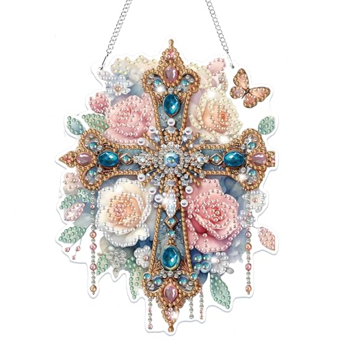 Lxmsja 5D Diamond Painting Anhänger Kreuz, Blume Diamond Painting Fensterbilder Beidseitig für Erwachsene Kinder, Bastelset Kreativ Set, Hängend Ornament Kranz Tür Fenster Wand Eingang Decor von Lxmsja