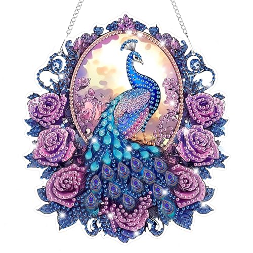 Lxmsja 5D Diamond Painting Anhänger Pfau, Blume Diamond Painting Fensterbilder Beidseitig für Erwachsene Kinder, Bastelset Kreativ Set, Hängend Ornament Kranz Tür Fenster Wand Eingang Decor von Lxmsja