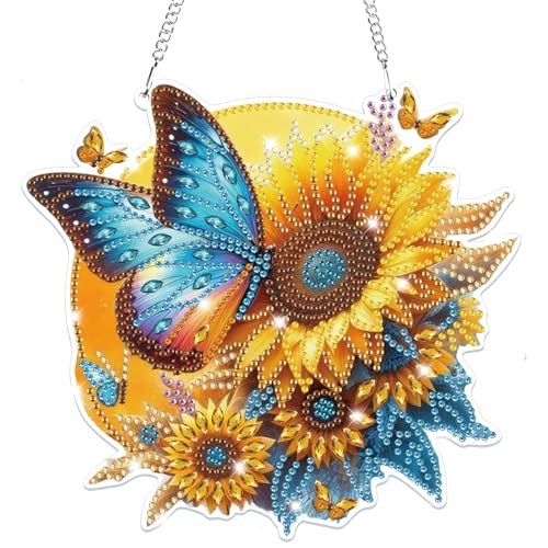Lxmsja 5D Diamond Painting Anhänger Schmetterling für Erwachsene Kinder, Hängende Sonnenblume Ornament Bastelset Kreativ Set für Erwachsene Geschenk Mädchen 7 8 9 10 11 Jahre, Kranz Tür Fenster Deko von Lxmsja