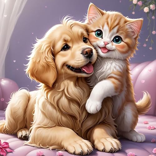 Lxmsja 5D Diamond Painting Hund Katze, Diamond Painting Tiere Erwachsene, Diamant Painting Bilder Erwachsene, Full DIY Diamant Kunst Malerei Stickerei Set Kreuzstich Bilder Home Wand Dekor 30x30cm von Lxmsja