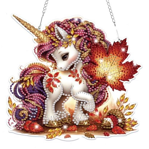 Lxmsja 5D Einhorn Diamond Painting Anhänger, Herbst Diamond Painting Fensterbilder Beidseitig für Erwachsene Kinder, Bastelset Kreativ Set, Hängend Ornament Tür Fenster Wand Eingang Decor von Lxmsja