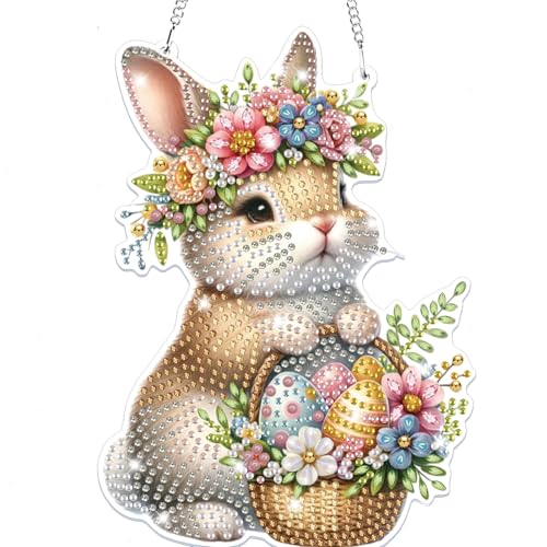 Lxmsja 5D Ostern Diamond Painting Anhänger, Kaninchen Diamond Painting Kinder Erwachsene, Hängende Ornament Bastelset Set für Erwachsene Geschenk Mädchen 7 8 9 10 11 Jahre, Ostergeschenke Kinder von Lxmsja