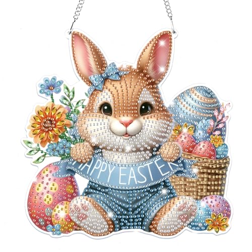 Lxmsja 5D Ostern Diamond Painting Anhänger, Kaninchen Diamond Painting Kinder Erwachsene, Hängende Ornament Bastelset Set für Erwachsene Geschenk Mädchen 7 8 9 10 11 Jahre, Ostergeschenke Kinder von Lxmsja