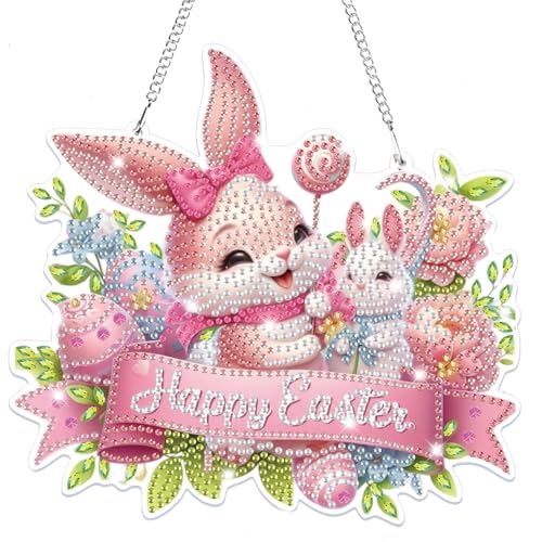 Lxmsja 5D Ostern Diamond Painting Anhänger, Kaninchen Diamond Painting Kinder Erwachsene, Hängende Ornament Bastelset Set für Erwachsene Geschenk Mädchen 7 8 9 10 11 Jahre, Ostergeschenke Kinder von Lxmsja