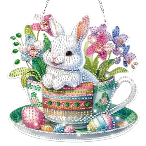 Lxmsja 5D Ostern Diamond Painting Anhänger, Kaninchen Diamond Painting Kinder Erwachsene, Hängende Ornament Bastelset Set für Erwachsene Geschenk Mädchen 7 8 9 10 11 Jahre, Ostergeschenke Kinder von Lxmsja