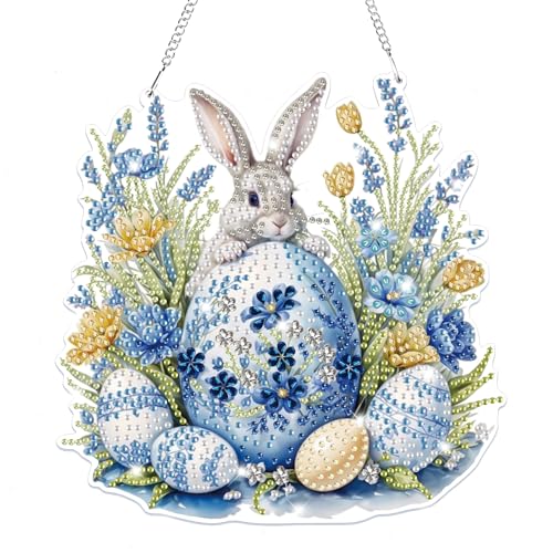 Lxmsja 5D Ostern Diamond Painting Anhänger, Kaninchen Diamond Painting Kinder Erwachsene, Hängende Ornament Bastelset Set für Erwachsene Geschenk Mädchen 7 8 9 10 11 Jahre, Ostergeschenke Kinder von Lxmsja