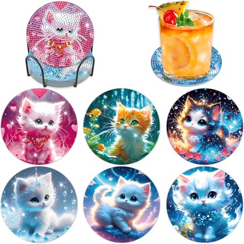 Lxmsja 6 STK Diamond Painting Untersetzer mit Halter, Diamond Art Untersetzer Katze, Diamant Painting Bilder Erwachsene Kinder, Diamant Tassenuntersetzer mit Kork, Basteln Erwachsene Frauen von Lxmsja