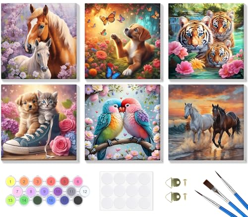 Lxmsja 6 Stück Malen Nach Zahlen Tier Erwachsene mit Rahmen, Malen Nach Zahlen Pferd Katze Vögel Tiger, Diy Set Erwachsene mit Pinseln und Acrylfarben Handgemalt Ölgemälde für Home Décor, 20x20cm von Lxmsja