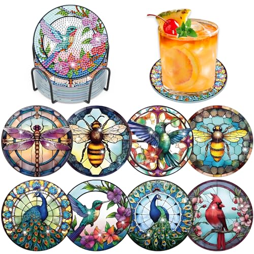 Lxmsja 8 STK Diamond Painting Untersetzer mit Halter, Diamond Art Untersetzer Tiere, Diamant Painting Bilder Erwachsene Kinder, Diamant Tassenuntersetzer mit Kork, Basteln Erwachsene Frauen von Lxmsja