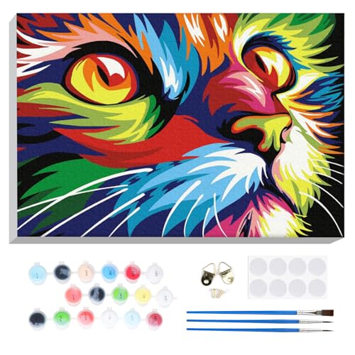 Lxmsja Bunter Katze Malen Nach Zahlen Erwachsene mit Rahmen, Katze Malen Nach Zahlen Kinder, Diy Set Erwachsene mit Pinseln und Acrylfarben Handgemalt Ölgemälde Leinwand für Home Décor, 20x30cm von Lxmsja