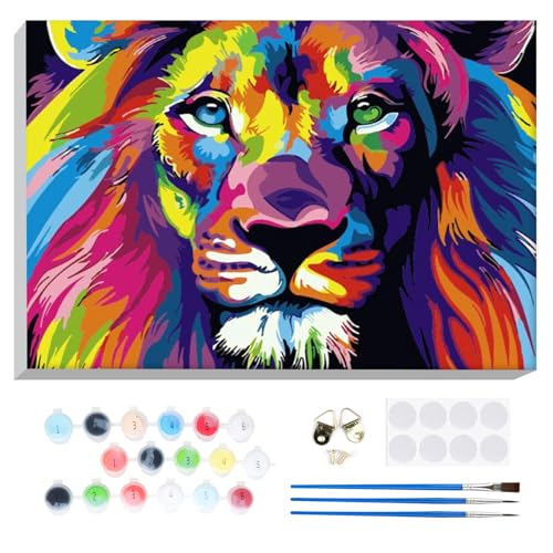 Lxmsja Bunter Löwe Malen Nach Zahlen Erwachsene mit Rahmen, Löwe Malen Nach Zahlen Kinder, Diy Set Erwachsene mit Pinseln und Acrylfarben Handgemalt Ölgemälde Leinwand für Home Décor, 20x30cm von Lxmsja
