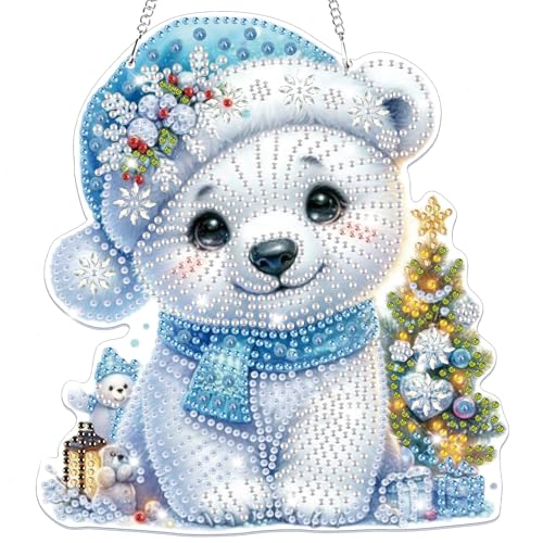 Lxmsja Diamond Painting Christmas Anhänger, 5D Diamond Painting Eisbär Kinder Erwachsene, Hängende Ornament Bastelset Geschenk Mädchen 7 8 9 10 11 Jahre, Party Kranz Tür Fenster Deko von Lxmsja