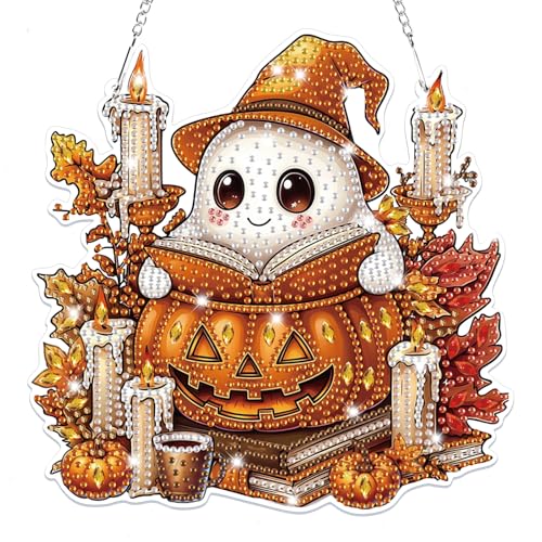 Lxmsja Halloween Diamond Painting Anhänger Geist, 5D Diamond Painting Fensterbilder Beidseitig für Erwachsene Kinder, Bastelset Kreativ Set, Hängend Ornament Kranz Tür Fenster Wand Eingang Decor von Lxmsja