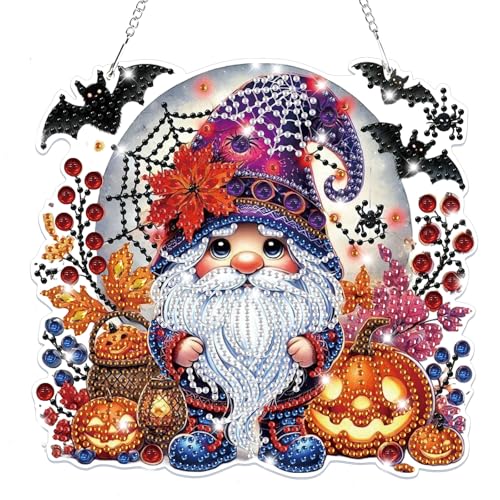 Lxmsja Halloween Diamond Painting Anhänger Gnom, 5D Diamond Painting Fensterbilder Beidseitig für Erwachsene Kinder, Bastelset Kreativ Set, Hängend Ornament Kranz Tür Fenster Wand Eingang Decor von Lxmsja