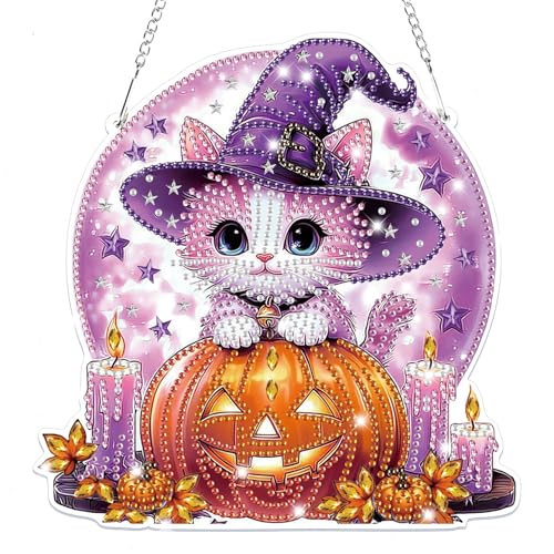 Lxmsja Halloween Diamond Painting Anhänger Katze, 5D Diamond Painting Fensterbilder Beidseitig für Erwachsene Kinder, Bastelset Kreativ Set, Hängend Ornament Kranz Tür Fenster Wand Eingang Decor von Lxmsja