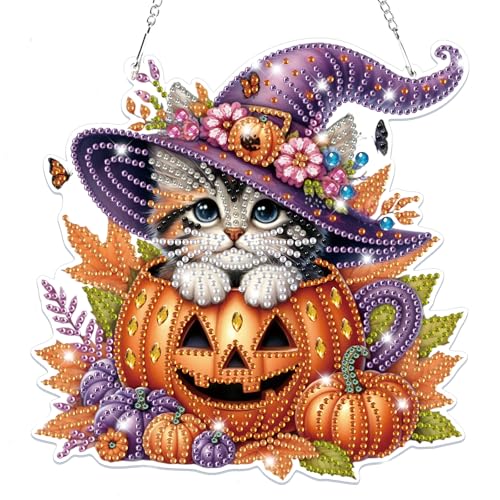 Lxmsja Halloween Diamond Painting Anhänger Katze, 5D Diamond Painting Fensterbilder Beidseitig für Erwachsene Kinder, Bastelset Kreativ Set, Hängend Ornament Kranz Tür Fenster Wand Eingang Decor von Lxmsja