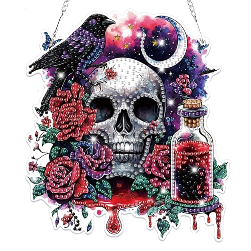 Lxmsja Halloween Diamond Painting Anhänger Totenkopf, 5D Gothic Diamond Painting Fensterbilder Beidseitig für Erwachsene Kinder, Bastelset Kreativ Set, Hängend Ornament Tür Fenster Wand Eingang Decor von Lxmsja