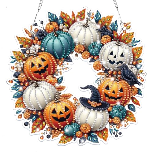 Lxmsja Halloween-Kranz Diamond Painting Anhänger Kürbis, 5D Diamond Painting Fensterbilder Beidseitig für Erwachsene Kinder, Bastelset Kreativ Set, Hängend Ornament Tür Fenster Wand Eingang Decor von Lxmsja