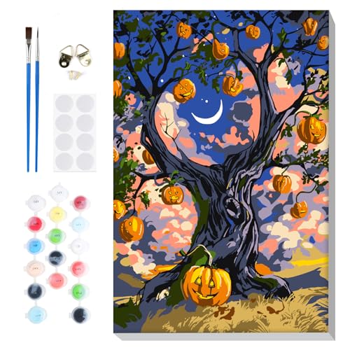 Lxmsja Halloween Malen Nach Zahlen Erwachsene mit Rahmen, Malen Nach Zahlen Kürbisse Bäume, Diy Set Erwachsene mit Pinseln und Acrylfarben Handgemalt Ölgemälde Leinwand für Home Décor, 20x30cm von Lxmsja