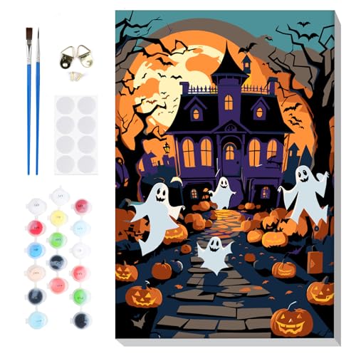 Lxmsja Halloween Malen Nach Zahlen Erwachsene mit Rahmen, Malen Nach Zahlen Schloss Geister, Diy Set Erwachsene mit Pinseln und Acrylfarben Handgemalt Ölgemälde Leinwand für Home Décor, 20x30cm von Lxmsja