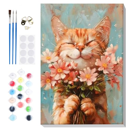 Lxmsja Katze mit Blumen Malen Nach Zahlen Erwachsene mit Rahmen, Malen Nach Zahlen Tier, Diy Set Erwachsene mit Pinseln und Acrylfarben Handgemalt Ölgemälde Leinwand für Home Décor, 20x30cm von Lxmsja