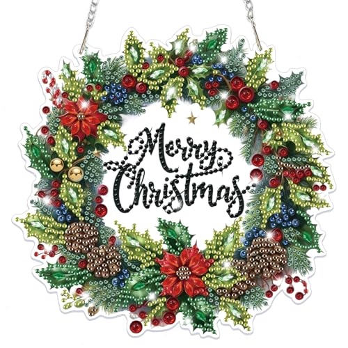 Lxmsja Weihnachtskranz Diamond Painting Anhänger, 5D Weihnachten Diamond Painting Fensterbilder für Erwachsene Kinder, Bastelset Kreativ Set, Hängend Ornament Tür Fenster Wand Eingang Decor von Lxmsja