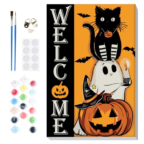 Lxmsja Willkommen Halloween Malen Nach Zahlen Erwachsene mit Rahmen, Malen Nach Zahlen Katze, Diy Set Erwachsene mit Pinseln und Acrylfarben Handgemalt Ölgemälde Leinwand für Home Décor, 20x30cm von Lxmsja