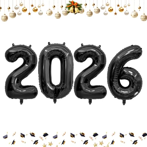 101,6 cm große Luftballons 2026, schwarze Folienballons für 2026 Neujahrs-Festivals oder Geburtstagsparty-Zubehör, Dekorationen, Neujahrsballon 2026, Silvester-Ballon von Lxzyu